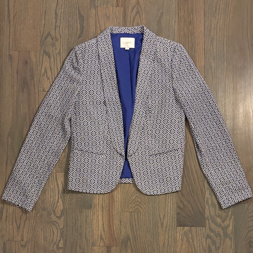 Loft Women’s Patterned Blazer, Black and White, Blue Liner, Size S